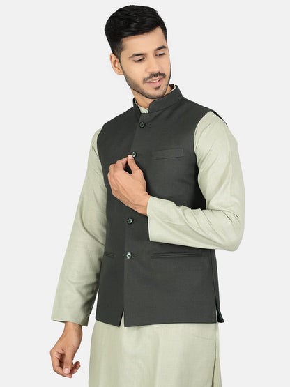 WINTAGE Mens Polyester Cotton Plain Green Modi Nehru Jacket : 42/L