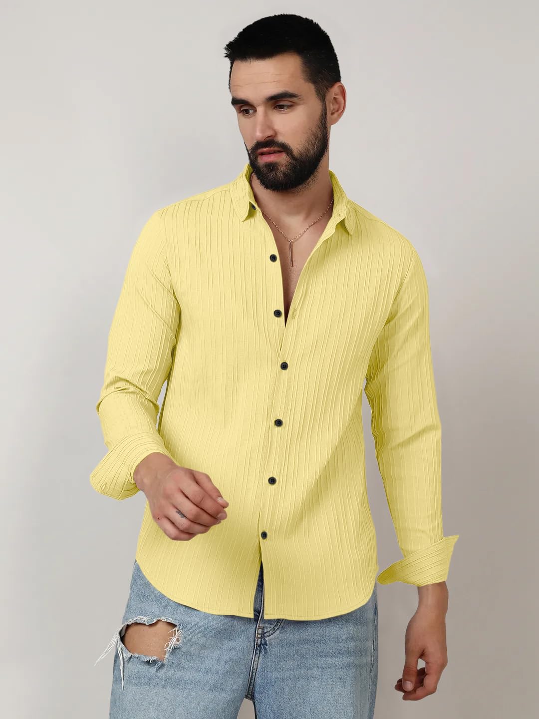 Finivo Fashion MenS Casual Cotton Plain Button Down Shirts Long Sleeve Textured Summer Beach Shirt For Men Yellow