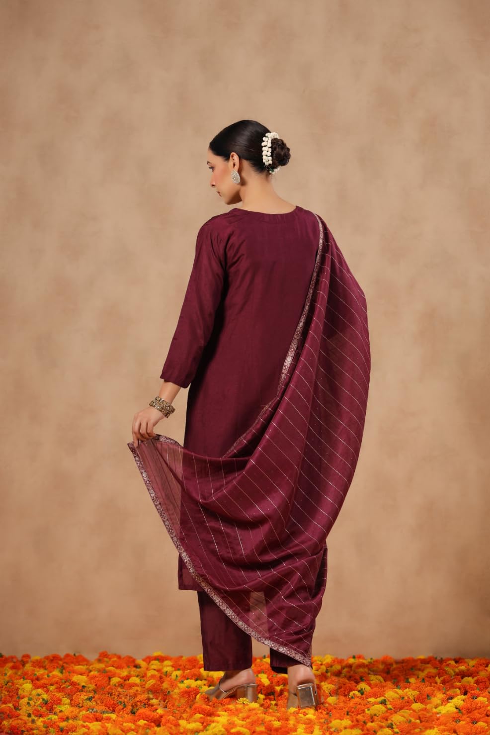 ishin Women's Poly Silk Self Design Magenta Straight Kurta Suit Set with Trousers and Dupatta