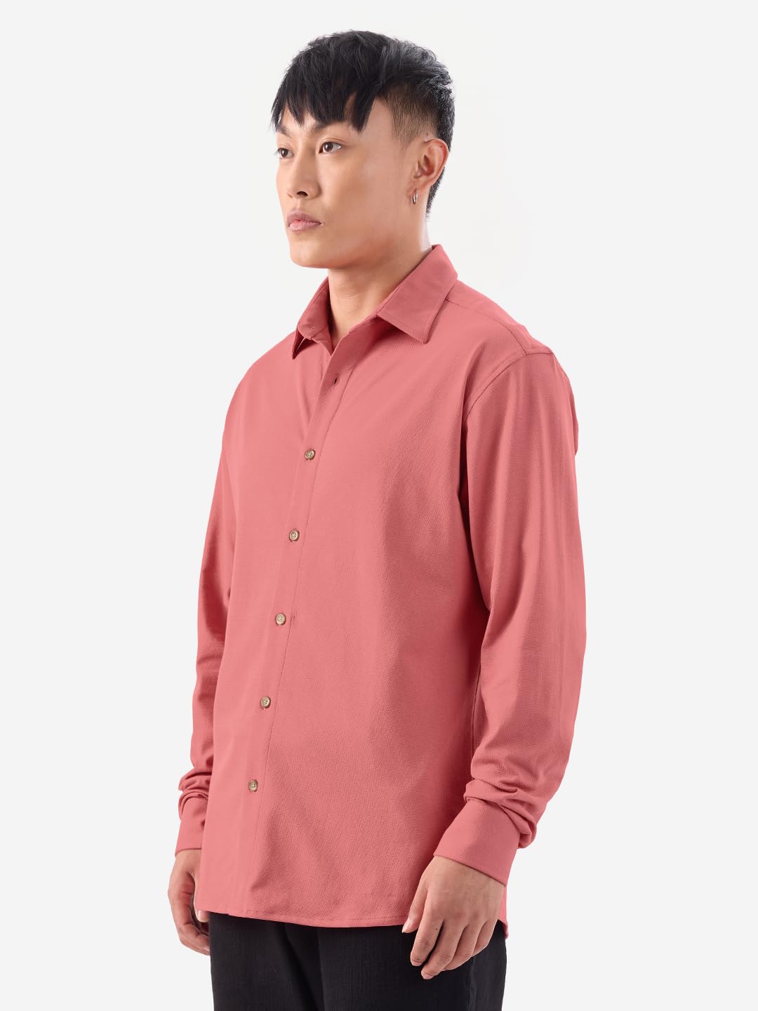 The Souled Store Coral Sand: 100% Cotton Men & Boys Long Sleeve Collared Neck Button Front Solid Textured Shirts