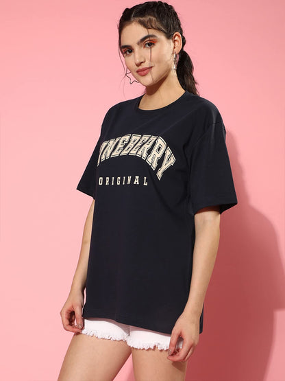 Juneberry Navy Blue & Beige Oversized Drop Shoulders Brand Logo Typography Print Round-Neck Relaxed Fit T-Shirt For Women (Jb_Os