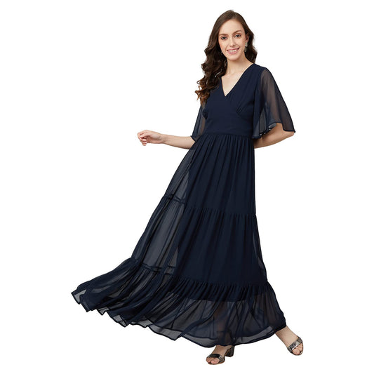 Rare Women'S Georgette Fit And Flare Maxi Casual Dress (Ep6216_Navy Blue_X-Large)