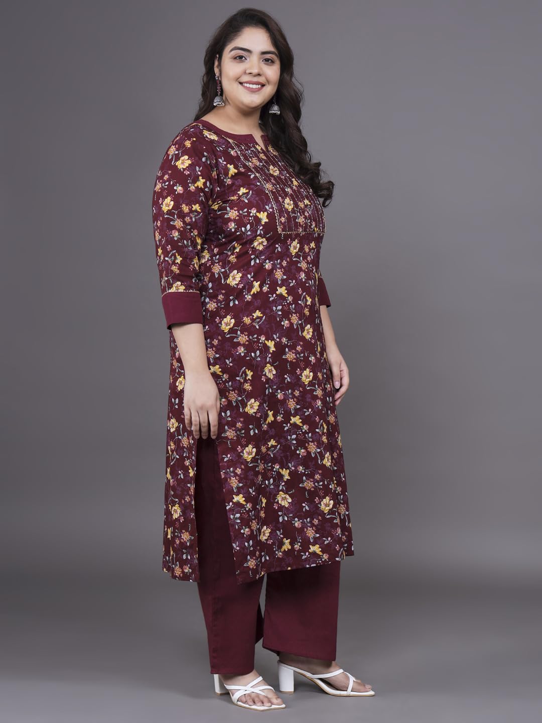 Tissu Women's Plus Size Maroon Printed Pure Cotton Zari Work Kurta & Palazzo with Dupatta