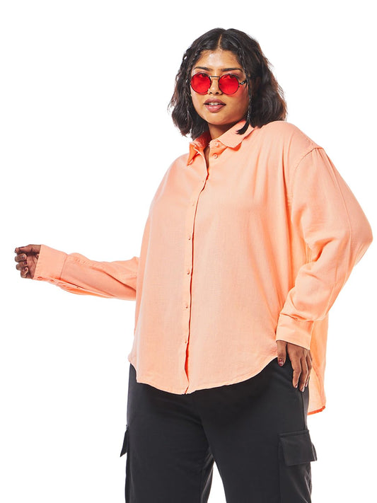 Bewakoof Womens Solid Oversized Fit Full Sleeve Collared Neck Cotton Linen Plus Size Shirt_628206_Orange_3XL