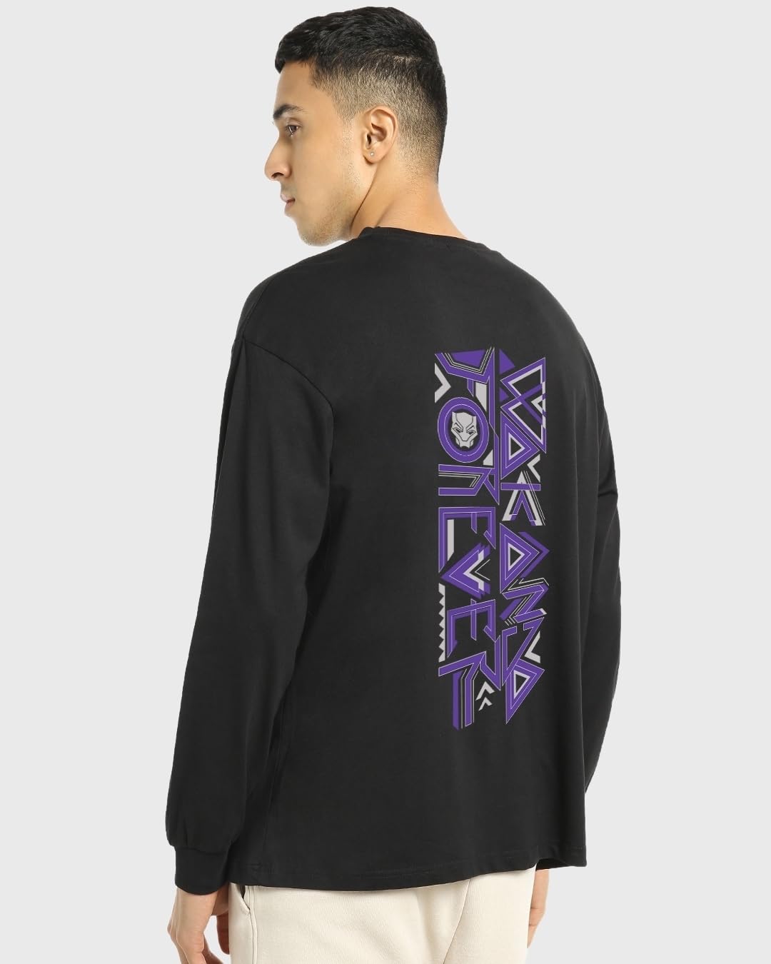 Bewakoof Mens Wakanda Forever 2.0 Graphic Print Black Round Neck Full Sleeve Oversized T-Shirt