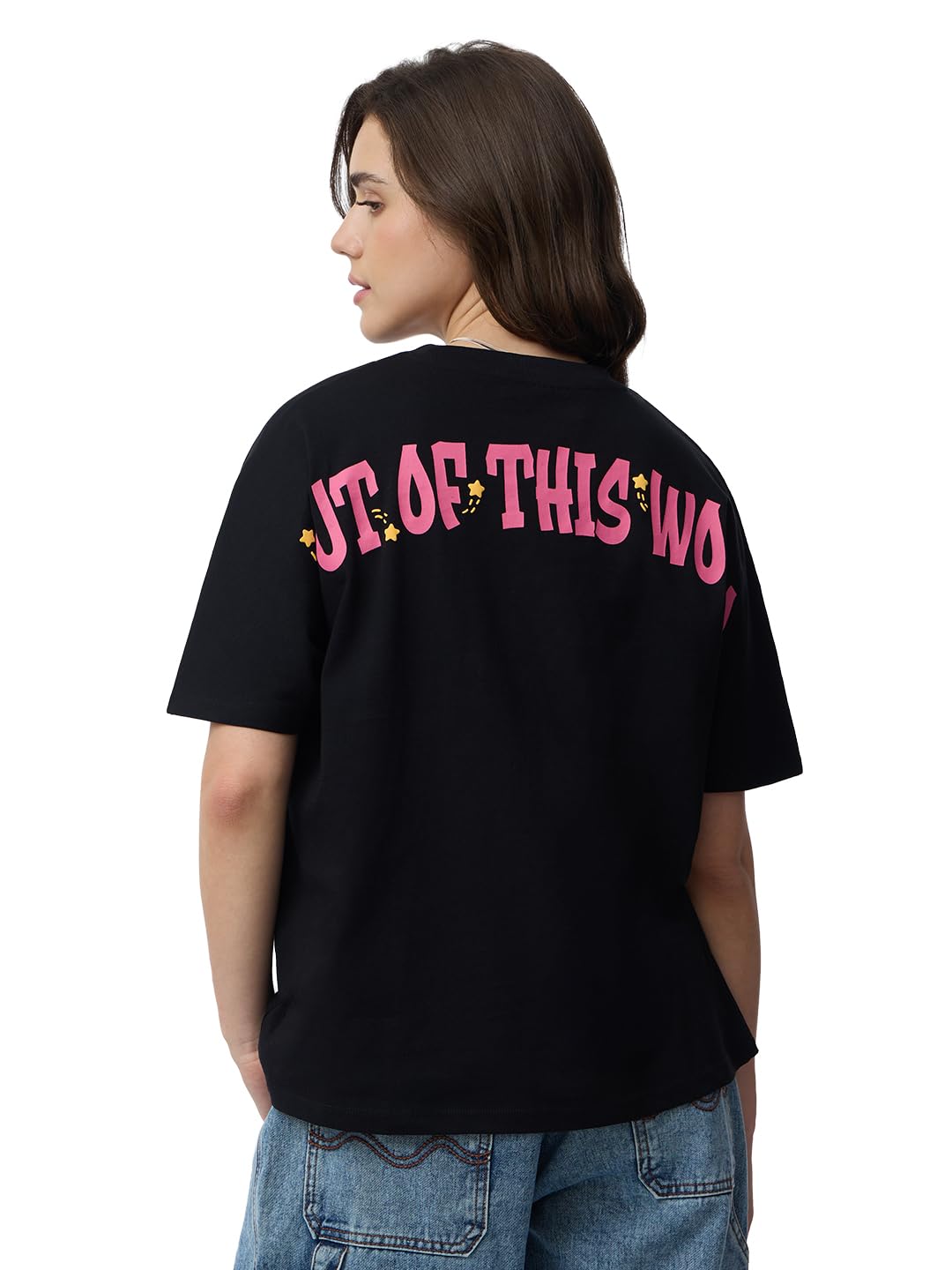 The Souled Store Lilo & Stitch: Out of This World Women and Girls Short Sleeves Round Neck Black Graphic Printed Cotton Oversize