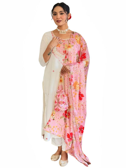 Naixa WomenS Off White Rayon With Inner Embroidered Straight Kurta With Rayon Pant And Silk Chiffon Laced Dupatta Sets (Nx-626-
