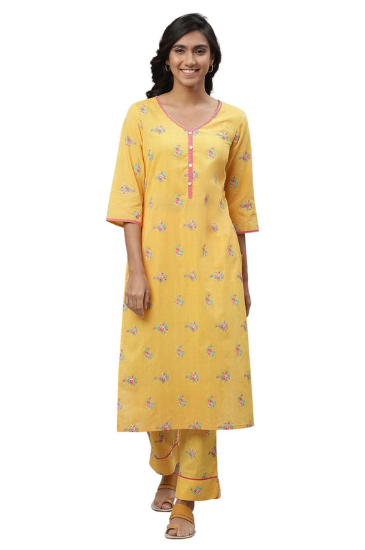 Aurelia Yellow Floral Printed Printed Lace Cotton Straight Long Kurta