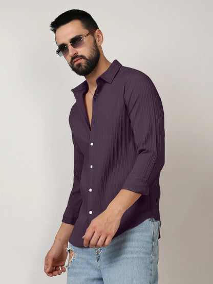 Finivo Fashion MenS Casual Cotton Plain Button Down Shirts Long Sleeve Textured Summer Beach Shirt For Men Purple