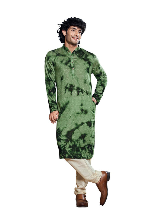 Vardha MenS Viscose Sequence Stitched Kurta, Flowy Green Pattern Shibori Dyed Ethnic Kurtas For Men, Mandarin Collar, Pearl But