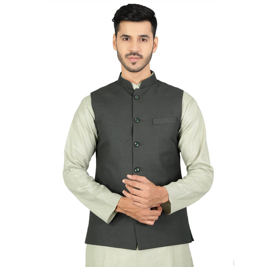 WINTAGE Mens Polyester Cotton Plain Green Modi Nehru Jacket : 42/L