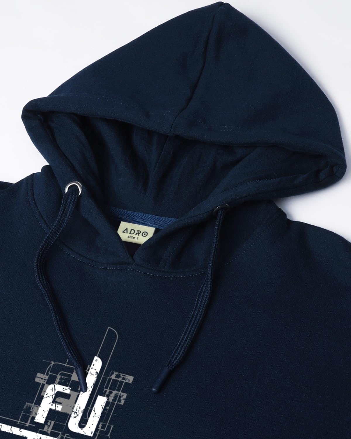 ADRO Men's Cotton Blend Neck Hooded Sweatshirt (H24-FTR-NB_Navy Blue