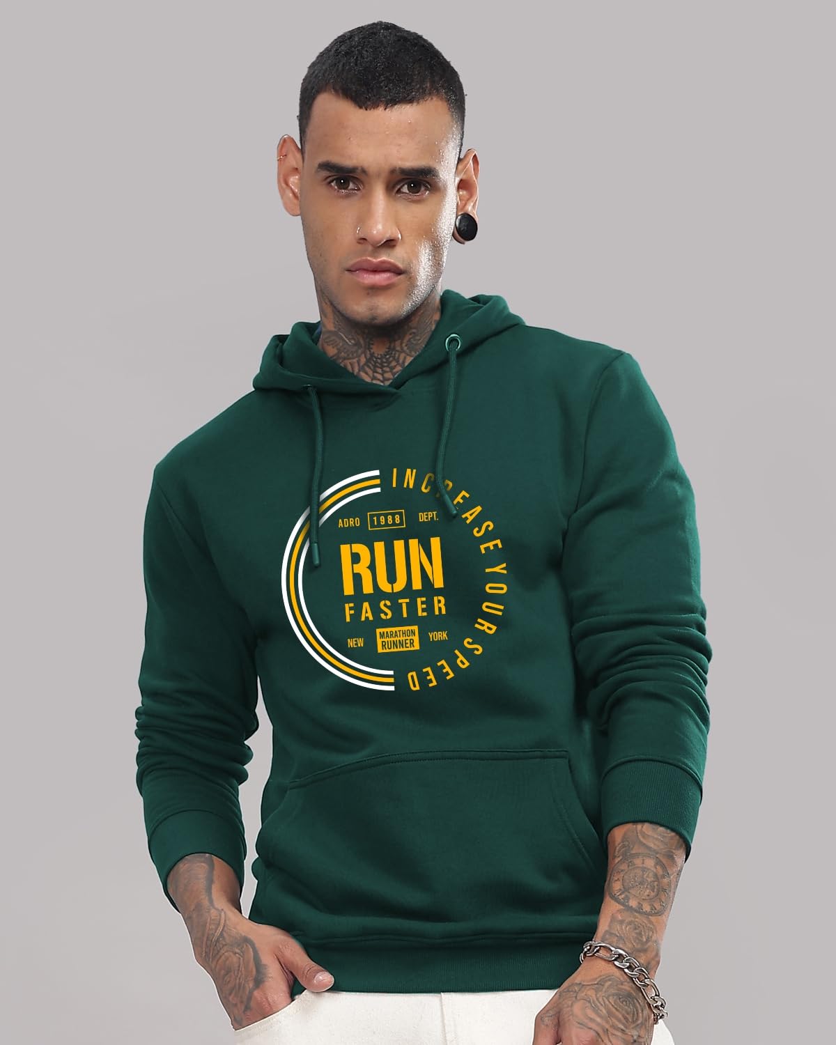 ADRO Men's Cotton Neck Hooded Sweatshirt (H24-FAST-GRN_Green