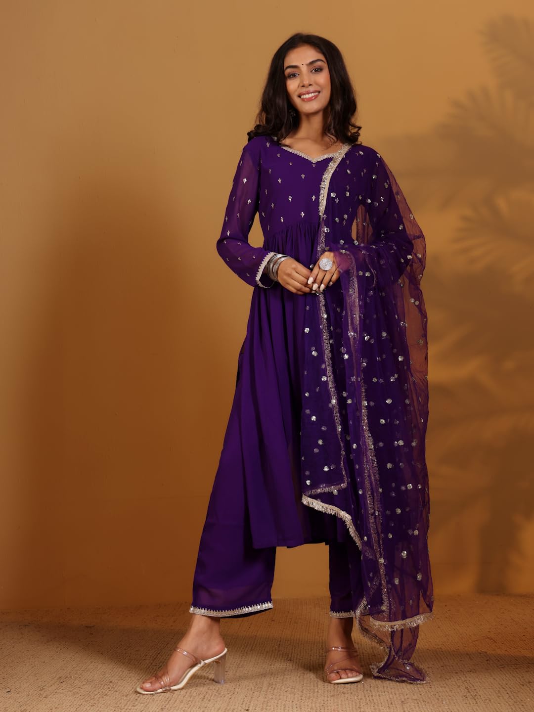 Varanga Zari & Sequin Embroidered Flared Kurta With Bottom And Dupatta Purple