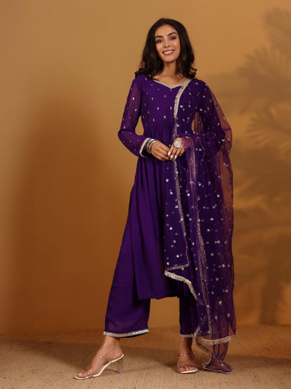Varanga Zari & Sequin Embroidered Flared Kurta With Bottom And Dupatta Purple