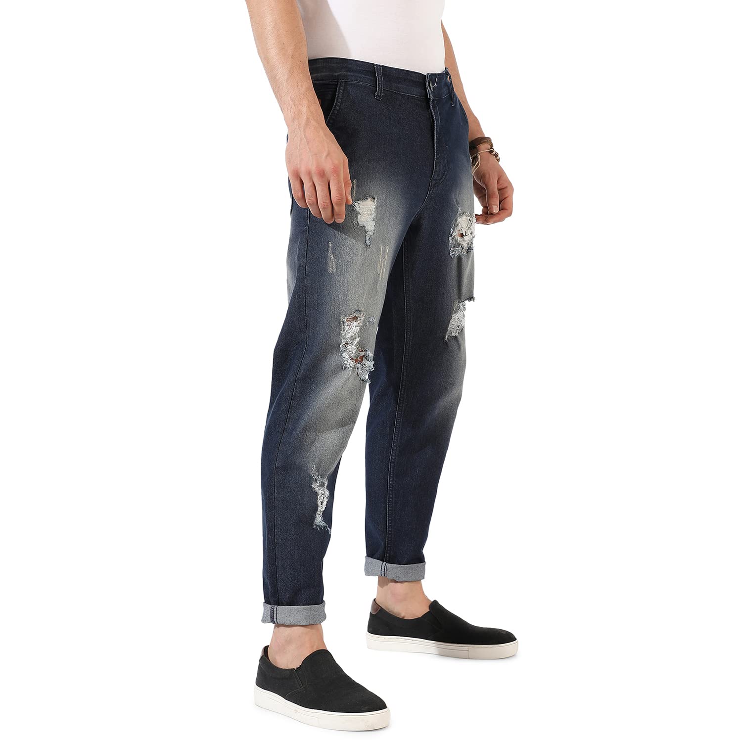 Campus Sutra Mens Classic Dark Blue Dark-Washed Distressed Patterned Denim Jeans | Regular Fit | Premium Stretchable Cotton Mid