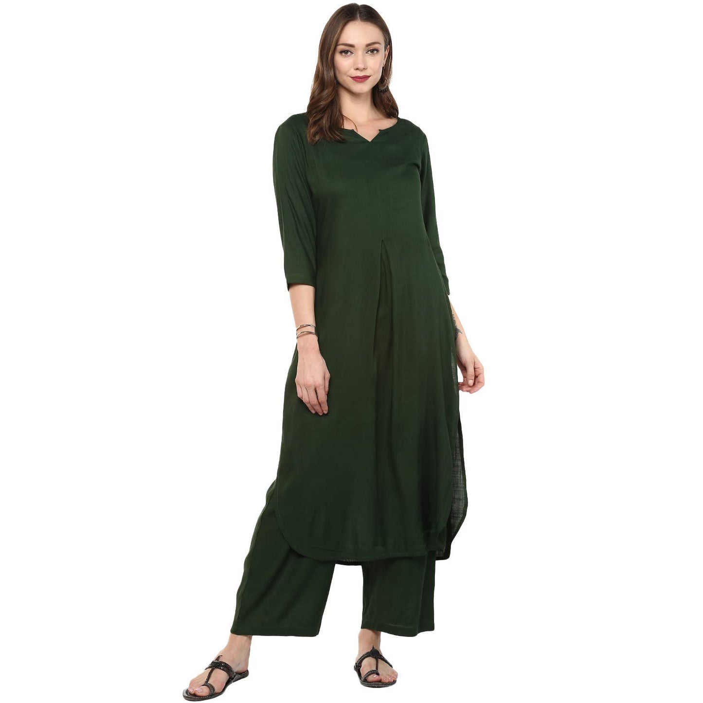 idaLia Green Rayon Straight Solid Kurta Set for Women Stylish Boat Neck Design Kurta Set with Pant