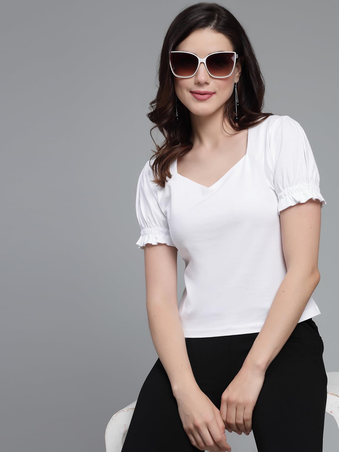 Style Quotient Women Solid White Cotton Knit Smart Casual Top