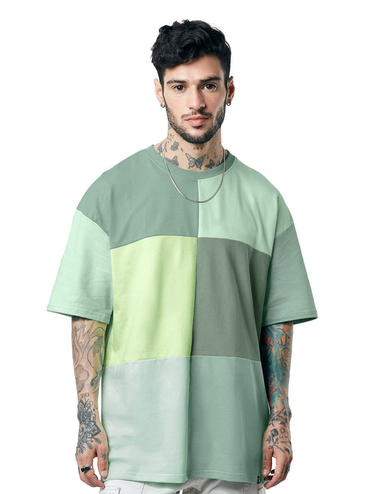 The Souled Store| Solids: Green Colourblock Mens and Boys T-Shirts|Half Sleeve|Oversized fit Solid|100% Cotton Multicolored Men