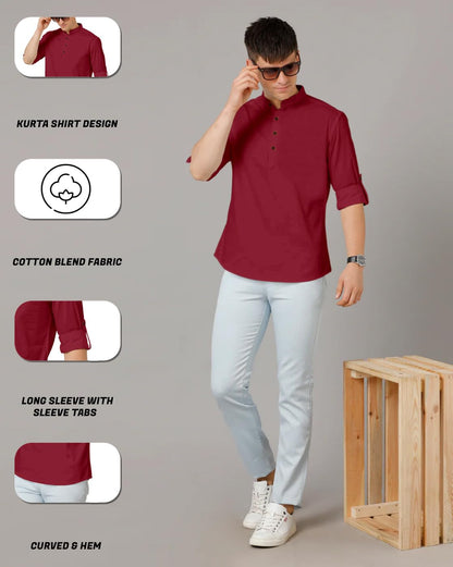 Zombom MenS Cotton Blend Solid Regular Fit Casual Mandarin/Chinese Collor Short Kurta Maroon
