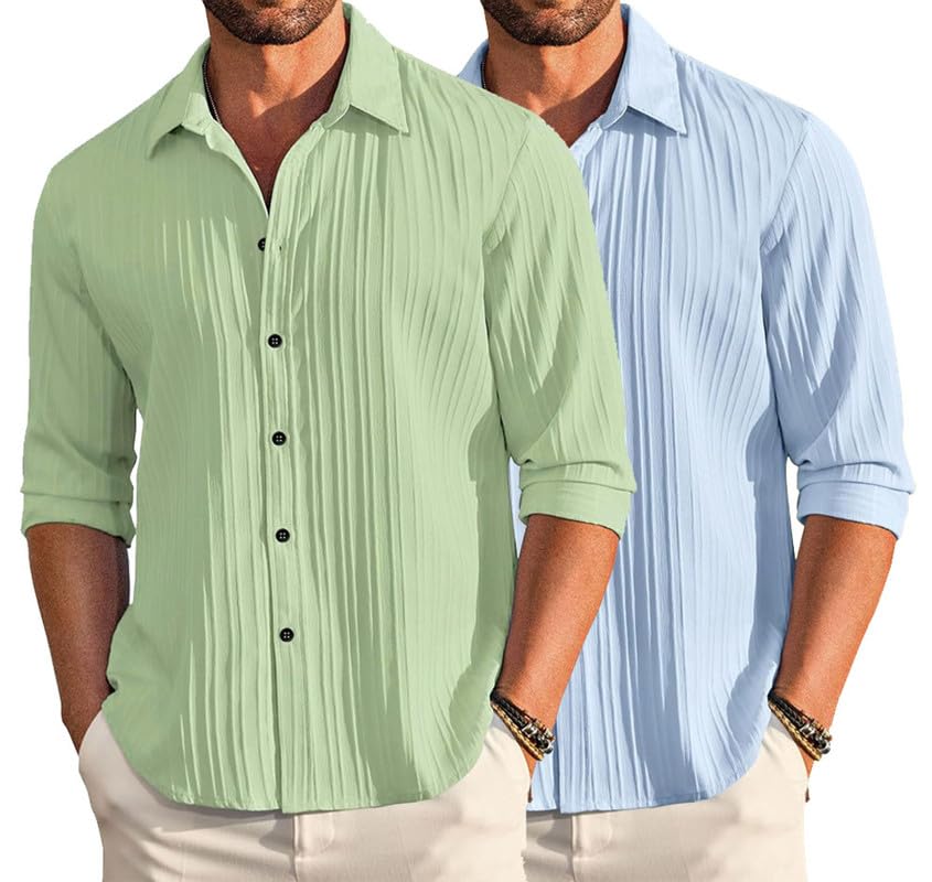 Deelmo Combo Of MenS Casual Button Down Shirts Long Sleeve Linen Shirt Fashion Textured Summer Shirts Pack Of 2