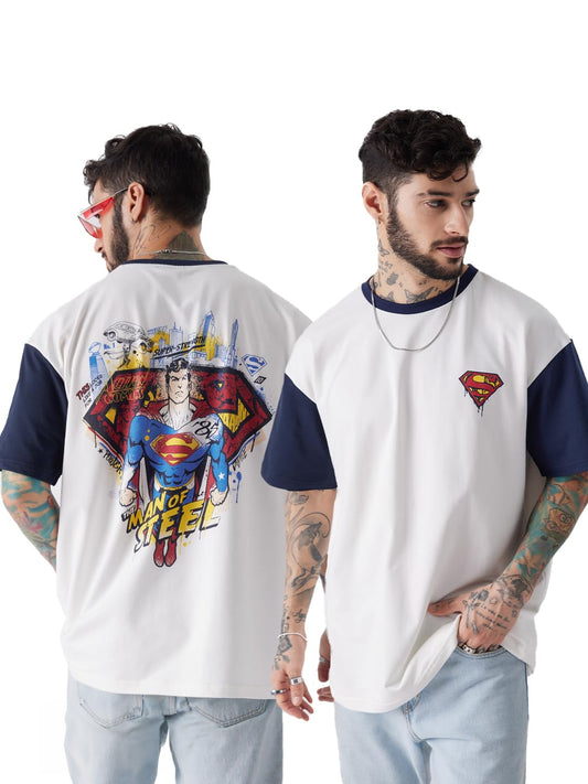 The Souled Store Official Superman: The Man of Steel Men and Boys Oversized fit Graphic Printed Half Sleeve Cotton Multicolored