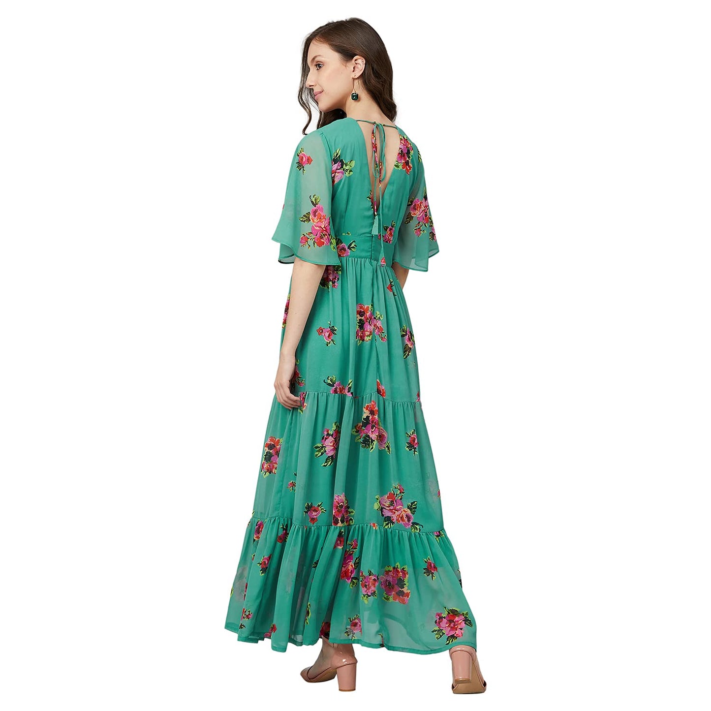 Rare Women'S Georgette Fit And Flare Maxi Casual Dress (Ep6216_Green)