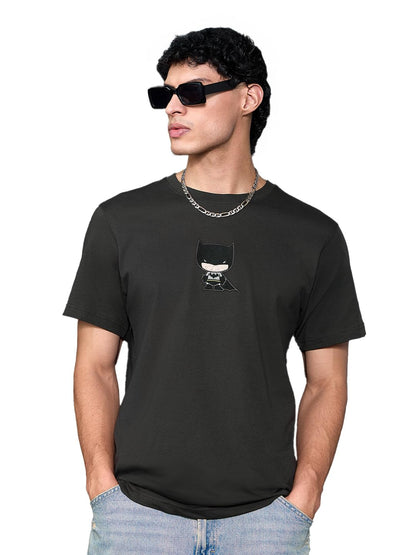 The Souled Store Batman: Chibi Knight Men and Boys Short Sleeves Round Neck Black Embroidered Cotton Relaxed Fit Breathable Ligh
