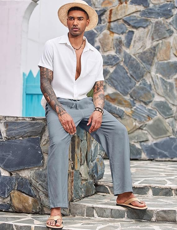 CB-COLEBROOK Mens Casual Linen Pants Elastic Waist Pants Drawstring Summer Beach Yoga Linen Trouser | Loose Fit Track Pants (in,