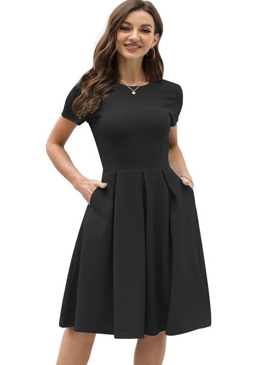 Shasmi GirlS & WomenS Solid Black Color Solid Slant Pocket Fold Pleated, Women Cocktail Party Vintage Style With Pockets Big S