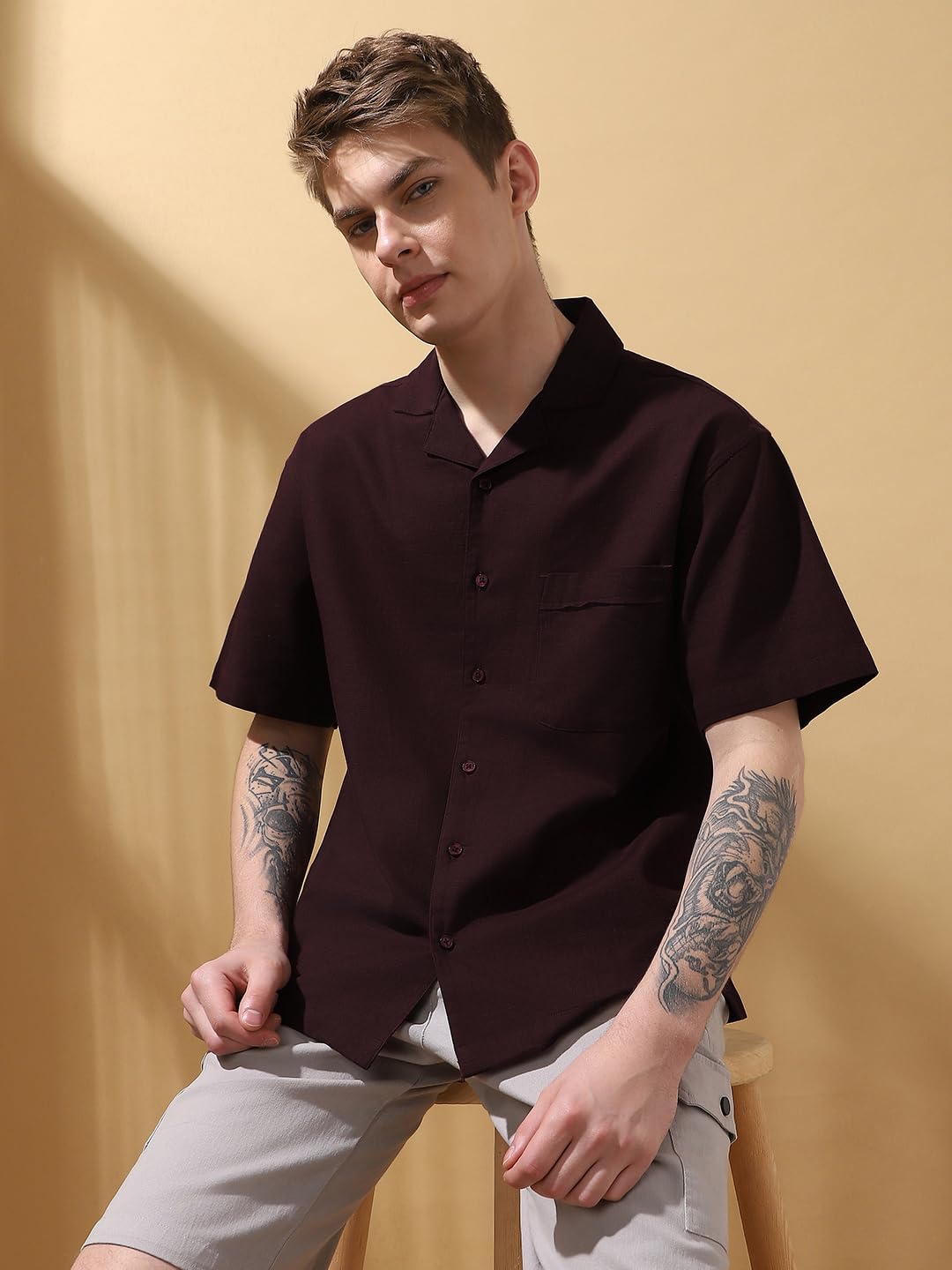 Dennis Lingo Men Relaxed Fit Wine Half Sleeves Cotton Shirt