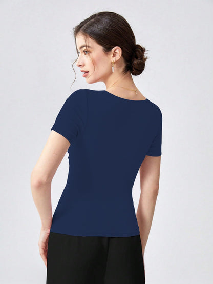 Shasmi Womens & Girls Navy Blue Womens Summer Square Neck Solid Color Ruched Tee Workwear Pleated Casual t-Shirt for Women (T