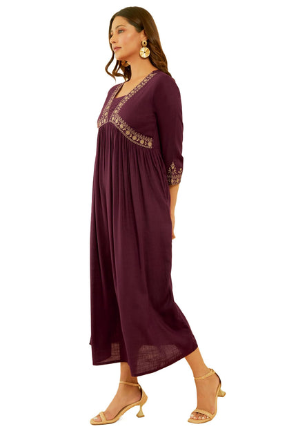 Soch Womens Wine Rayon Slub Floral Embroidered Empire Ethnic Dress