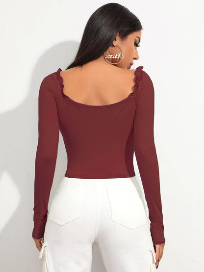 Shasmi Womens & Girls Maroon Full Sleeve, Sweat Hear Neck, Frill Trim Ruched Crop Top for Women, Tops, Slim Fit T-Shirts for G