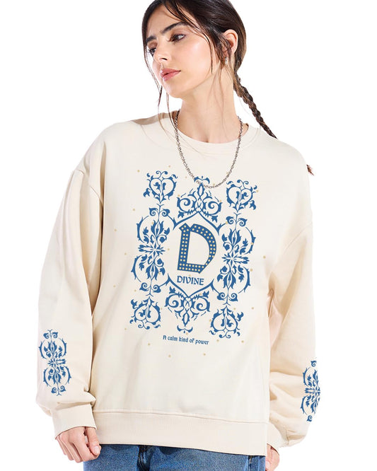 Bewakoof Womens Graphic Printed Oversized Fit Full Sleeve Round Neck Cotton Blend Sweatshirt_694459_Beige_2XL