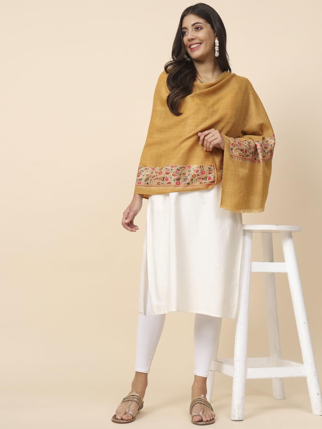 Pashmoda Women Noor Pure Wool Nalki Embroidered Stole (Size 71X203 CM)