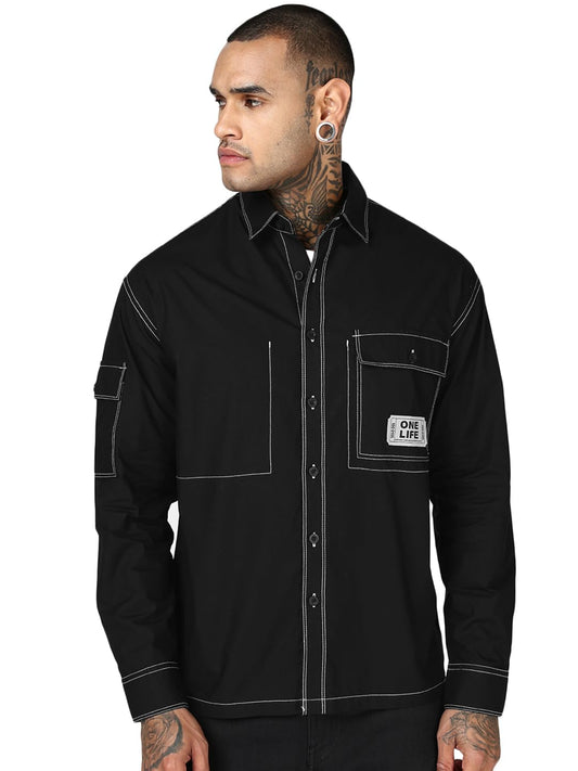 Bewakoof MenS Solid Oversized Fit Full Sleeve Collar Poplin Shirt_687639_Black_S
