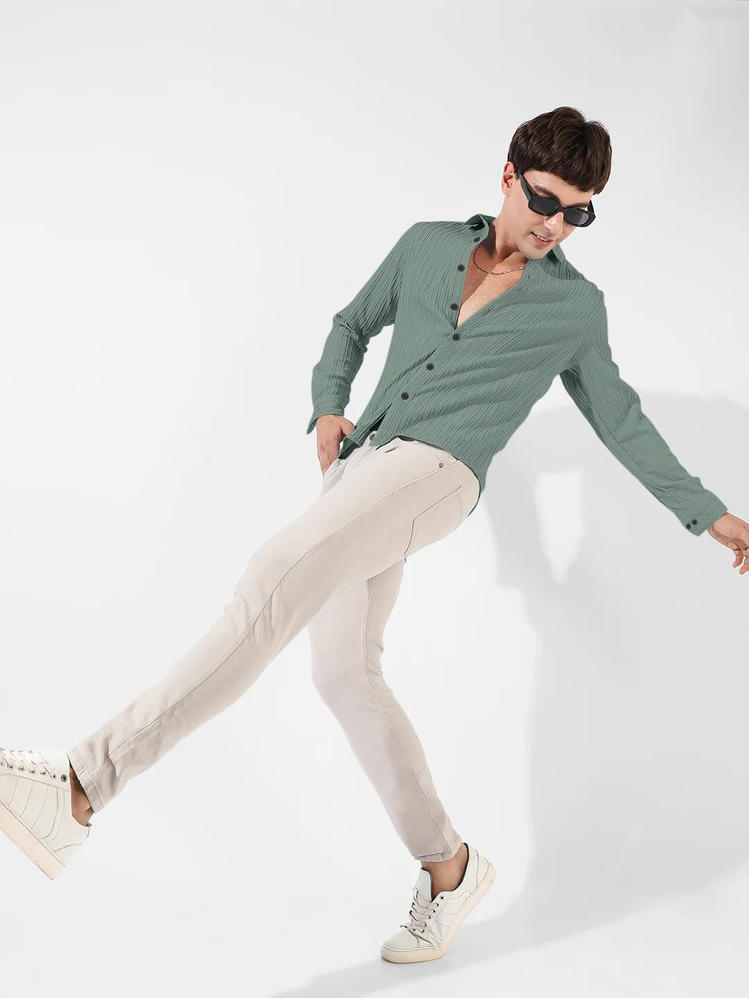 Finivo Fashion MenS Cotton Casual Striped Button Down Shirts Long Sleeve Textured Summer Beach Shirt For Men Green