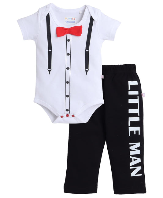 BUMZEE White & Black Boys Half Sleeves Bodysuit & Pyjama Set Age - 0-3 Months (Peb8039B-wht.blk)