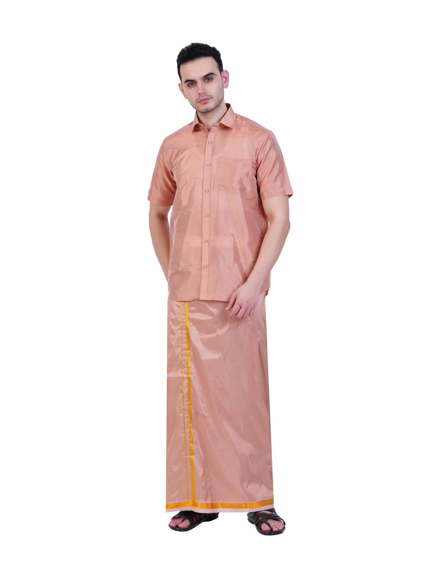 Prakasam Cotton-Mens Art Silk Wedding Set/Art Silk 8 Mulam (8-Yard) Dhoti And Stitched Half Sleeve Shirt
