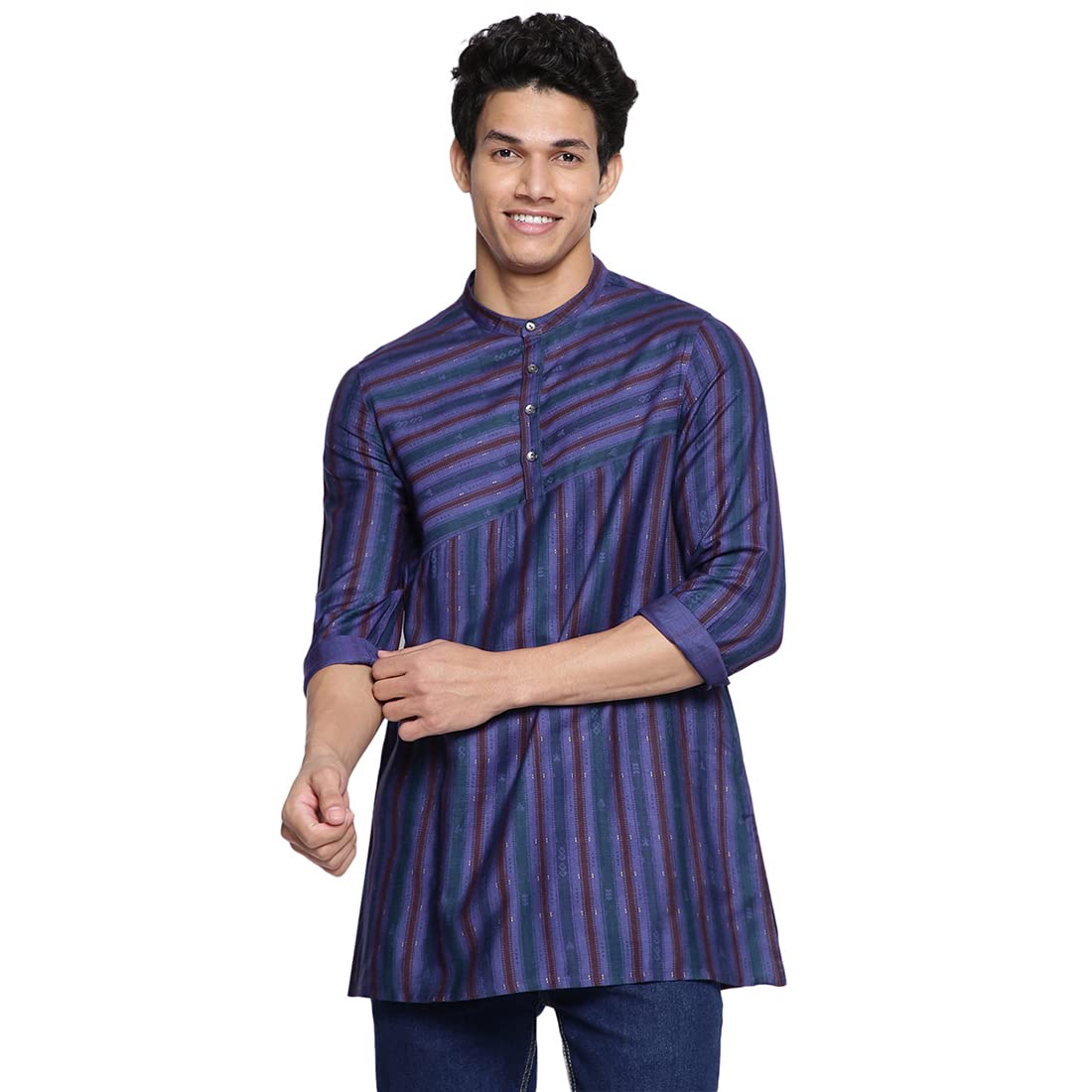 Fabindia MenS Viscose Silk Printed Slim Kurta (102590201_Purple