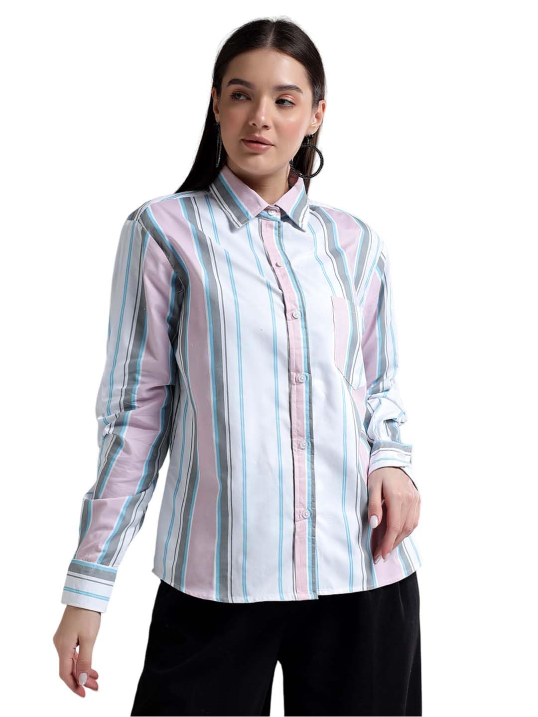 Kotty WomenS Striped Looking Spread Collar Shirts(Multicolor,M)