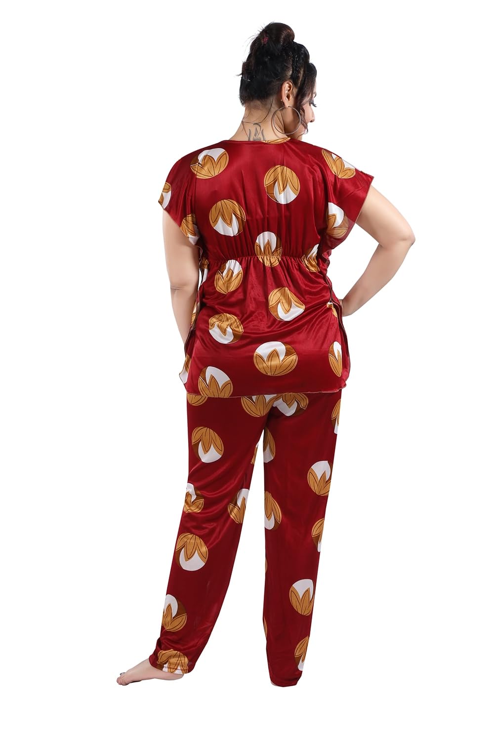 Fabme WomenS Satin Maroon Printed Kaftan Top & Pyjama Set