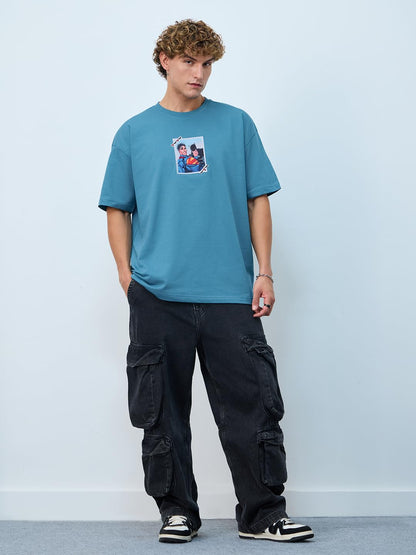 The Souled Store DC Comics: Superman and Batman Men and Boys Short Sleeves Round Neck Teal Graphic Printed Cotton Oversized T-Sh