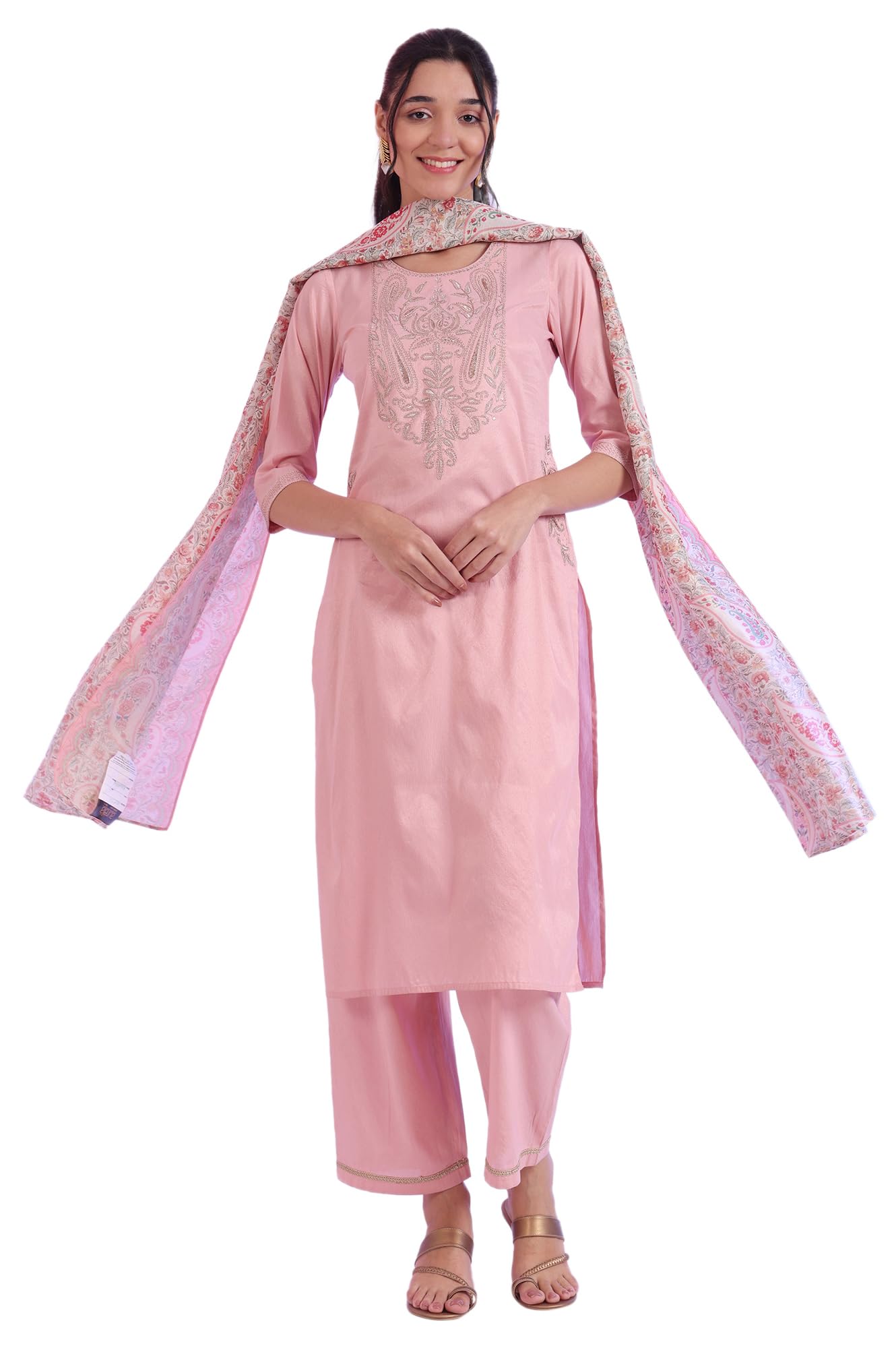 Aurelia Women's Pink Embroidered Blend Straight Kurta with Palazzos & Stole Set (Size: L)-AS15761-705460