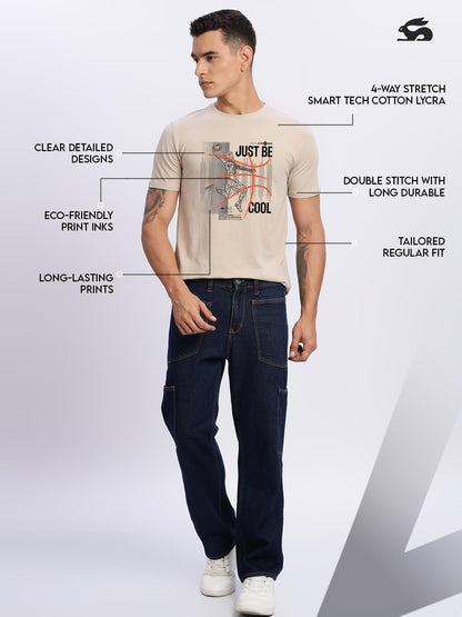 ADRO Men's Graphic Printed 100% Cotton T-Shirt - Regular Fit, Printed T-Shirts for Men (RN24-BCL-BE_Beige)