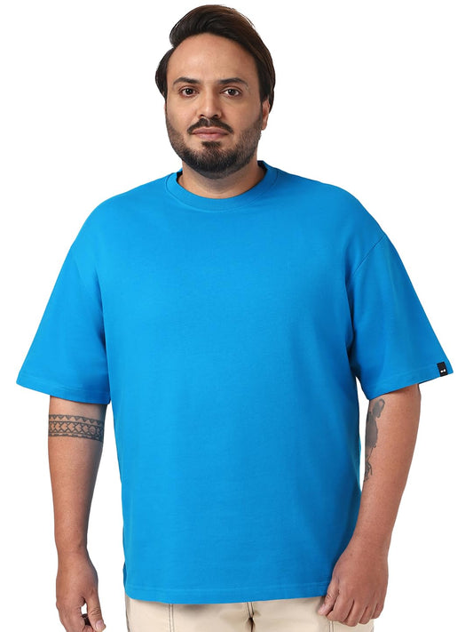 Bewakoof Heavy Duty 1.0 Mens Solid Oversized Fit Half Sleeve Round Neck Terry Plus T-Shirt_646872_Blue_3XL