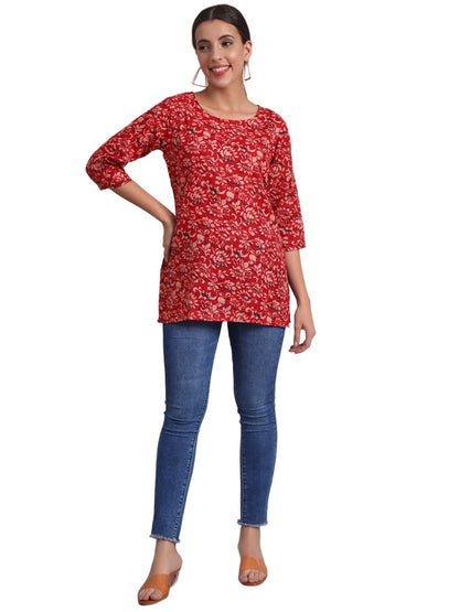Patlani WomenS Cotton Printed Short Fullstitched Kurti/Kurtas. Red
