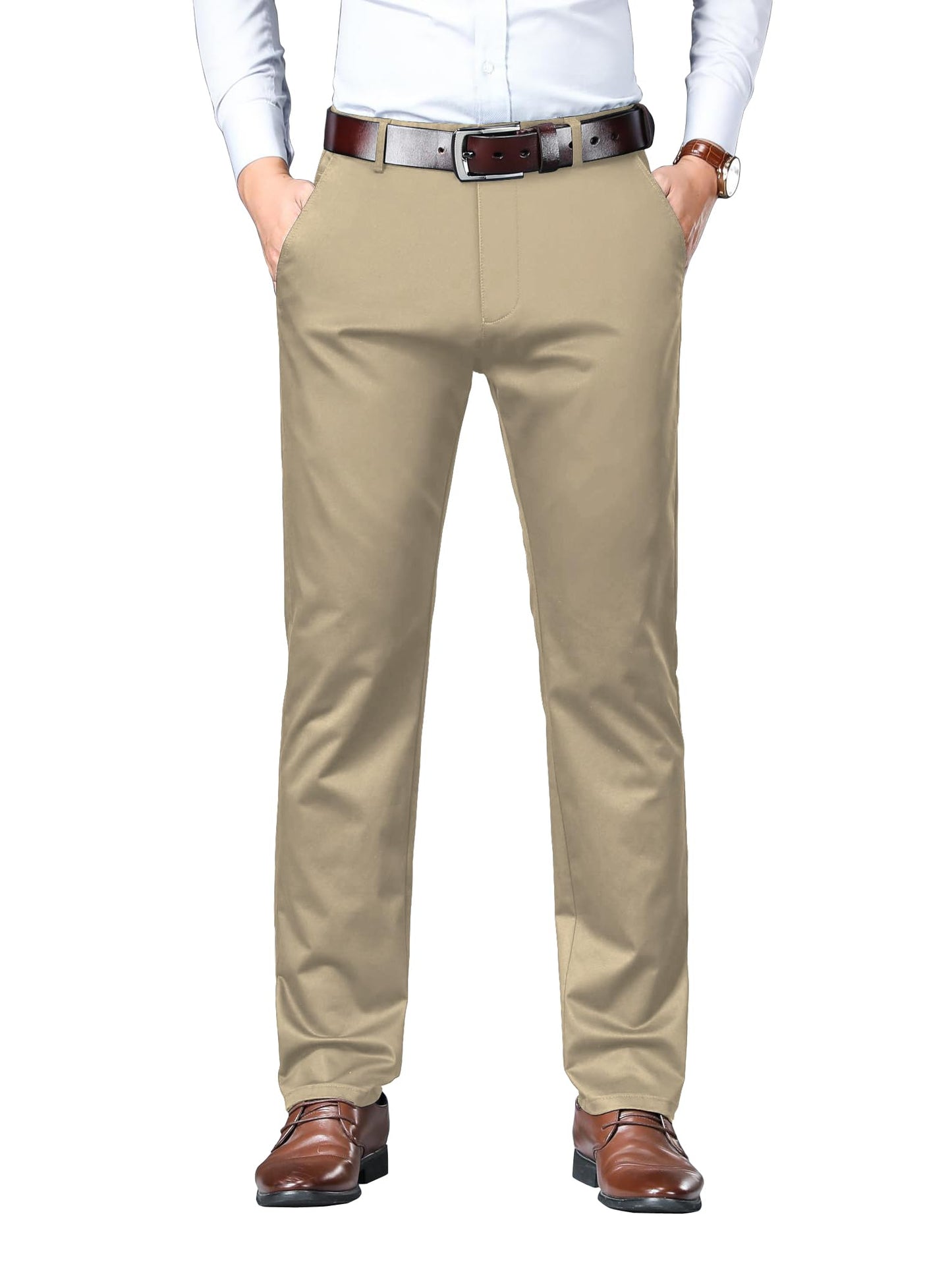AVANOVA Mens Solid Khakhi Mid Rise Trousers Light Business Style Slightly Stretch Straight Leg Pants for Outdoor Casual Daily T