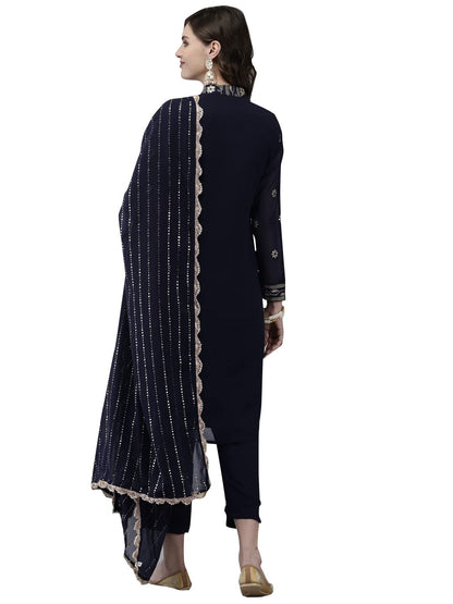 ishin Women's Georgette Navy Blue Embroidered A-Line Kurta With Trouser & Dupatta